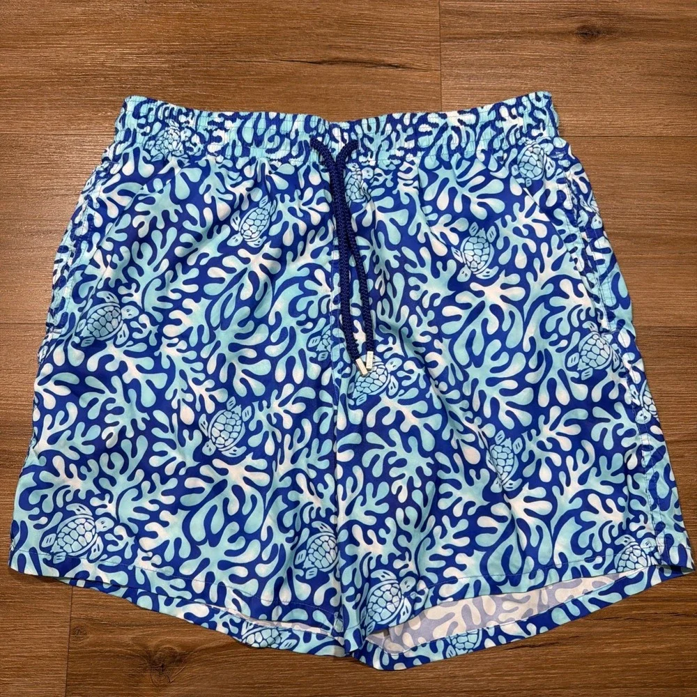 Vilebrequin Men's Size XL Swim Trunks Shorts Turtle Splash $325 Blue Bleu De Mer